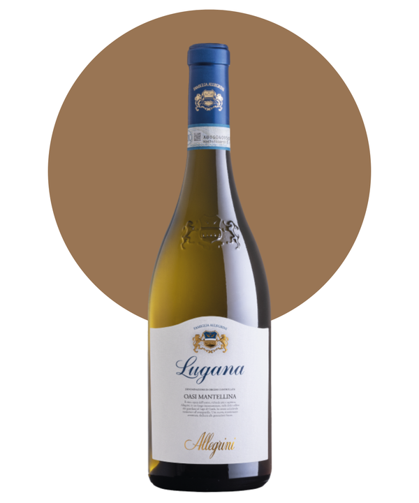 Bottle of Allegrini Oasi Mantellina Lugana on a white background with a tan circle