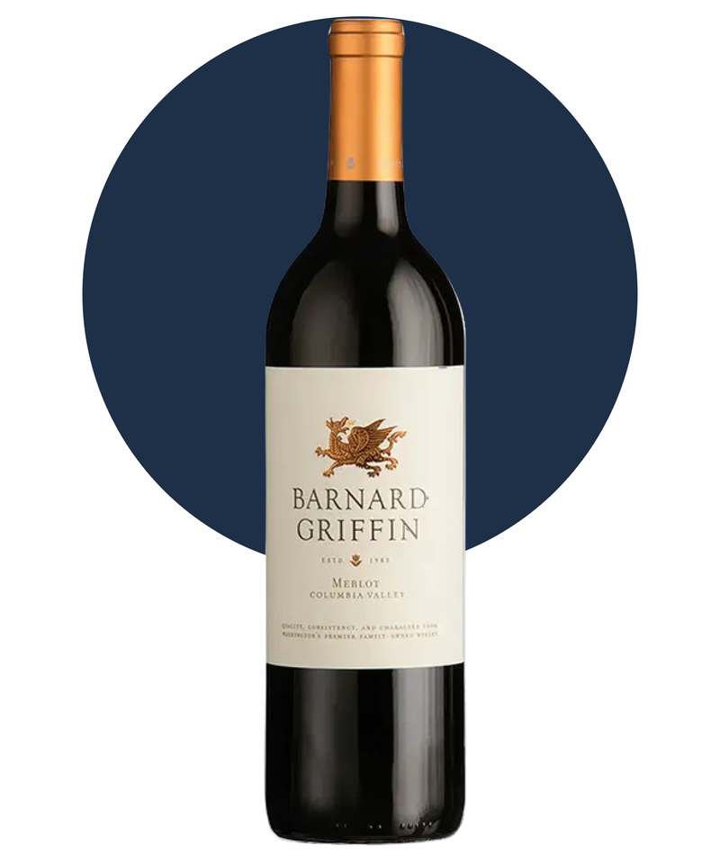Bottle of Barnard Griffin Merlot on white background with a dark blue circle 