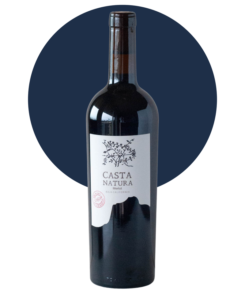 Bottle of Casta Natura Merlot on a white background with a dark blue circle