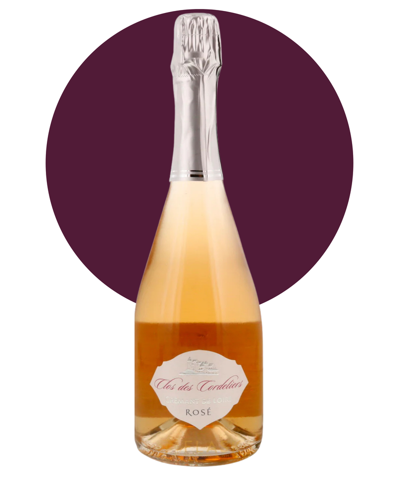 Bottle of Clos des Cordeliers Cremant Rosé on a white background with a purple circle