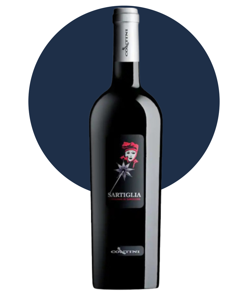Bottle of Contini Sartiglia Cannonau wine on a white background with a dark blue circle