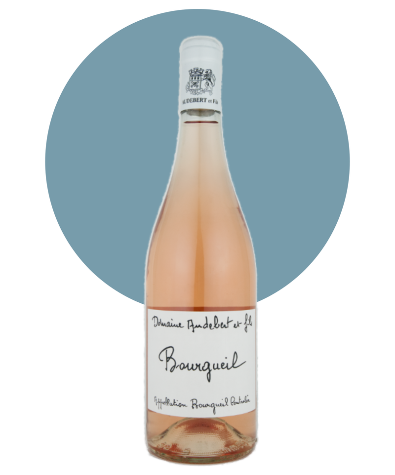 Bottle of Domaine Audebert Bourgueil Rosé on white background with a light blue circle