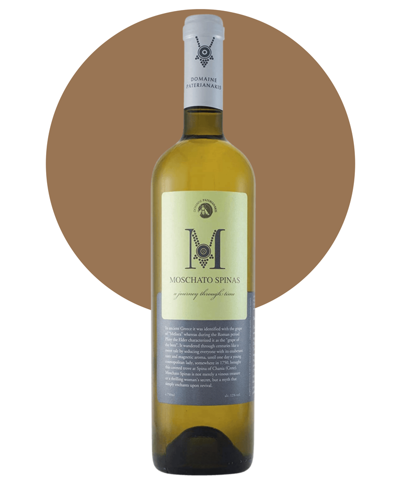 Wine Bottle of Domaine Paterianakis Moschato Spinas on a white background with a tan circle