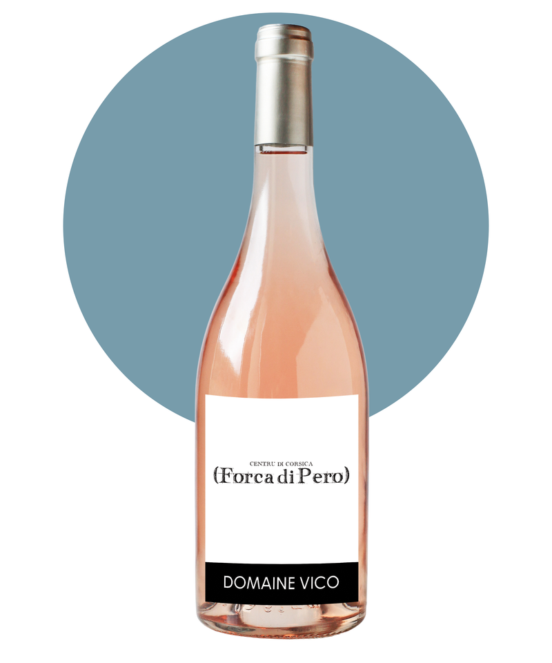 Bottle of Domaine Vico Force di Pero Rosé on a white background with a light blue circle