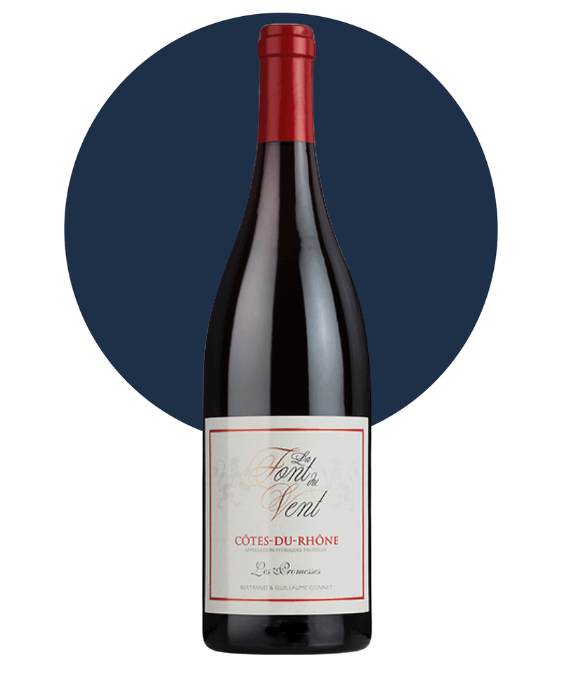 Bottle of Font du Vent Les Promises Cote Du Rhone on a white background with a dark blue circle 