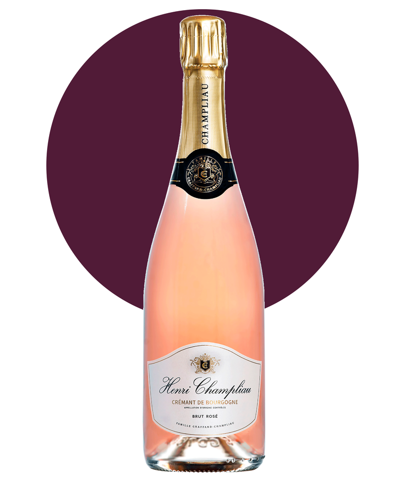 Bottle of Henri Champliau Cremant de Bourgogne Rosé Magnum on a white background with a purple circle