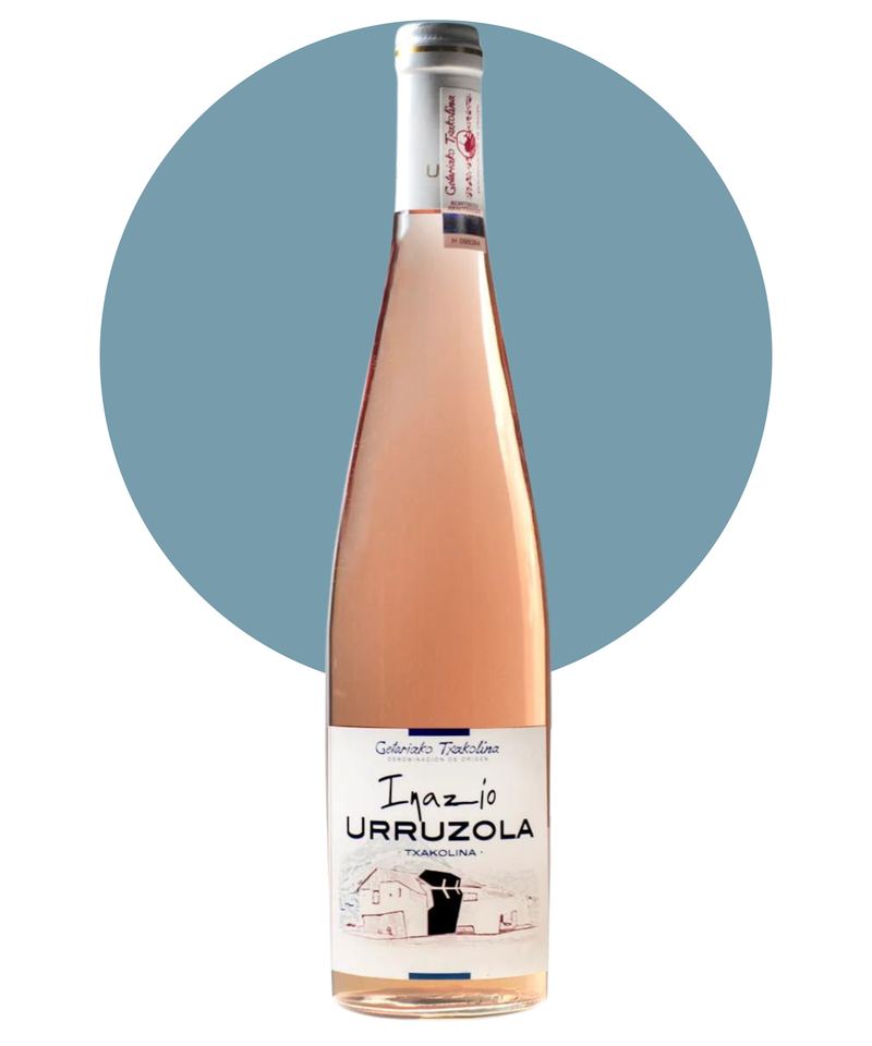 Inazio Urruzola Txakolina Rosé on white background with a light blue circle