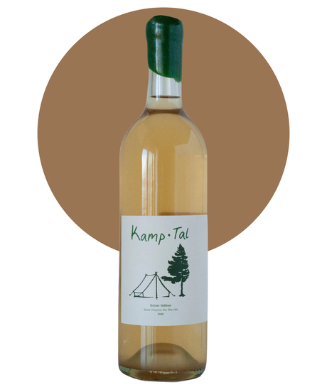 Bottle of Kamp Tal Gruner Veltliner on a white background with a tan circle