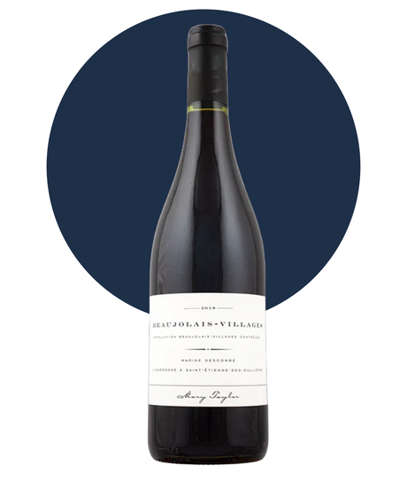 Bottle of Mary Taylor Beaujolais Villages on a white background with a dark blue circle