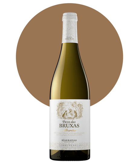 Bottle of Pazo das Bruas Albarino on a white background with a tan circle 