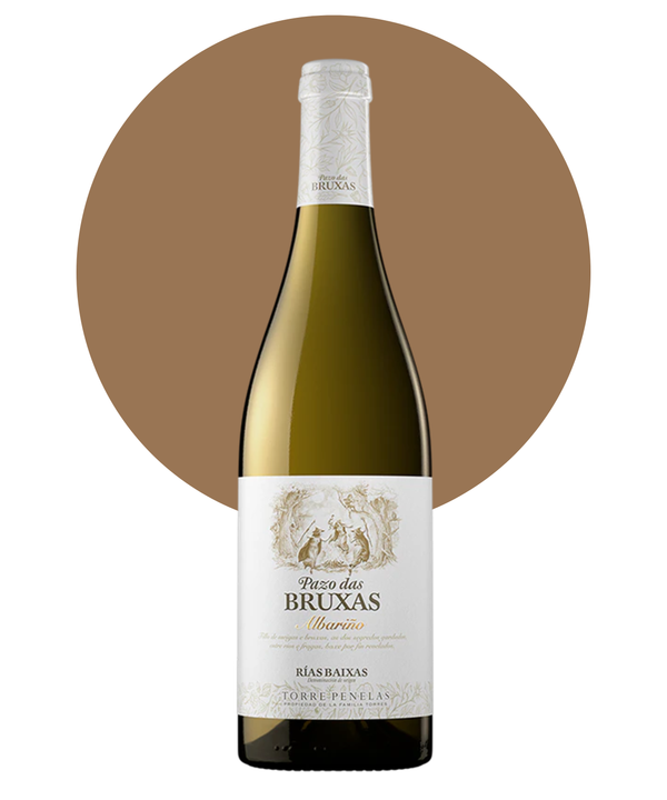 Bottle of Pazo das Bruas Albarino on a white background with a tan circle 