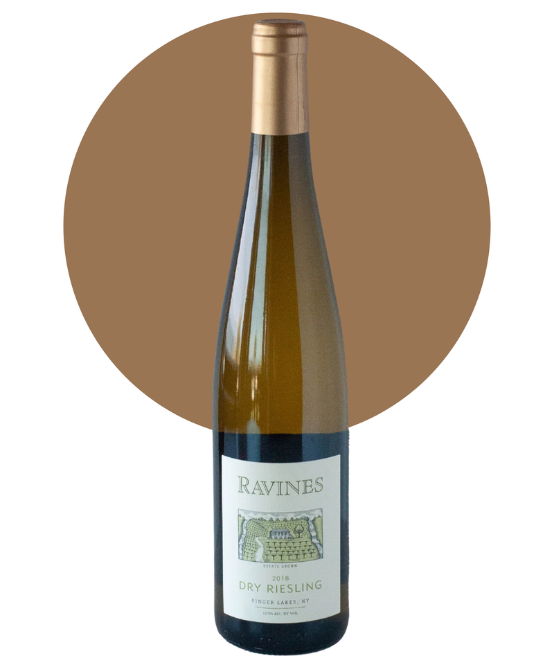 Bottle of Ravines Dry Riesling on a white background with a tan circle