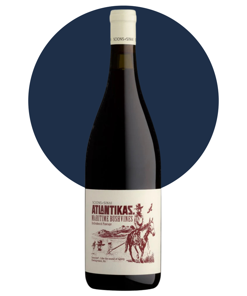 Bottle of Scions of Sinai Atlantikas Pinotage on a white background with a dark blue circle
