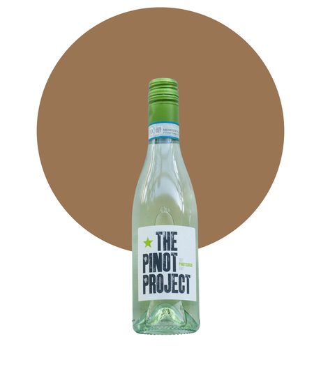 Bottle of The Pinot Project Pinot Grigio Half Bottle on a white background with a tan circle