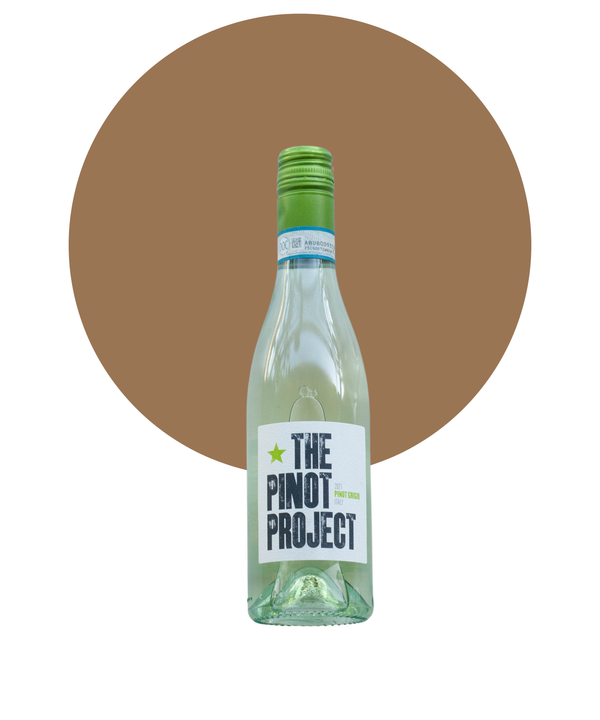 Bottle of The Pinot Project Pinot Grigio Half Bottle on a white background with a tan circle