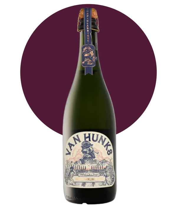 Bottle of Van Hunks Cap Classique wine on a white background with a purple circle