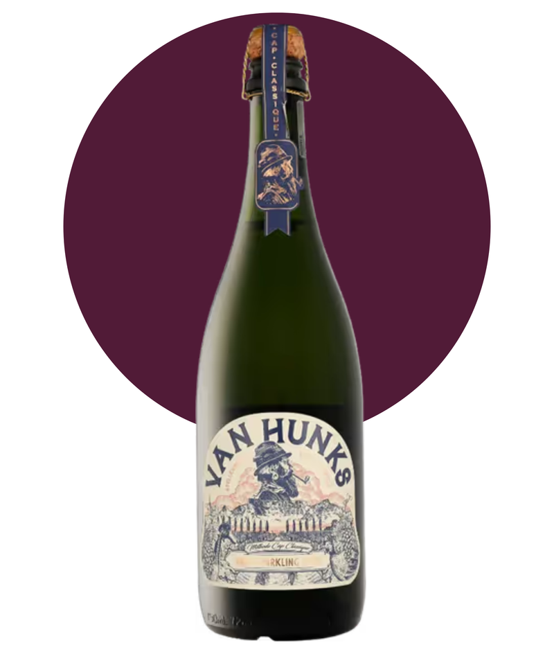 Bottle of Van Hunks Cap Classique wine on a white background with a purple circle