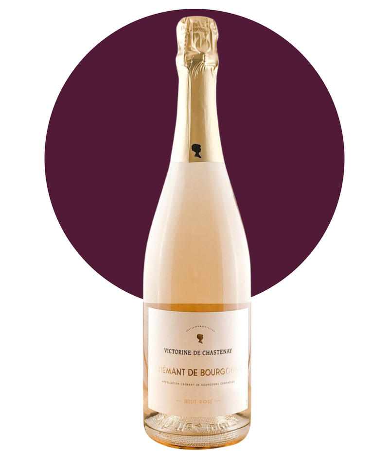 Bottle of Victorine de Chastenay Rosé Cremant with a purple circular background