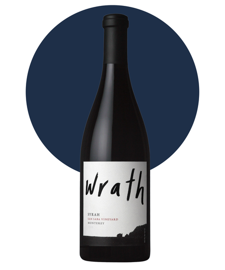 Bottle of Wrath San Saba Syrah on a white background with a dark blue circle