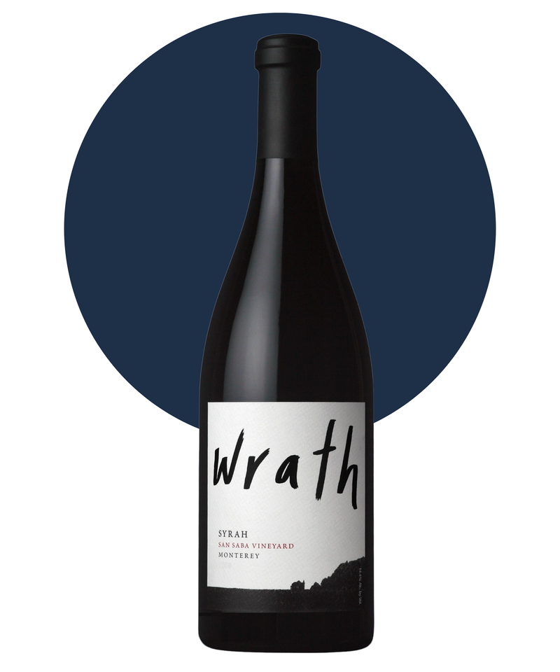 Bottle of Wrath San Saba Syrah on a white background with a dark blue circle